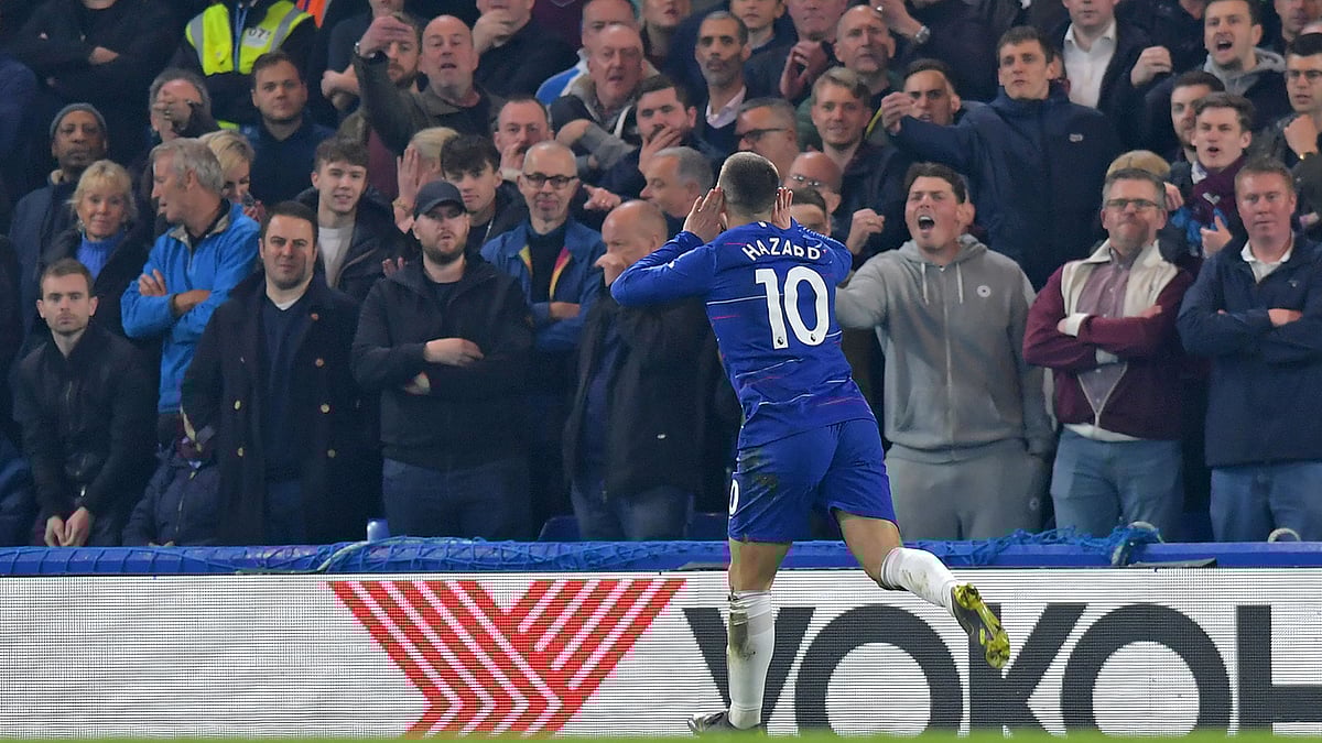 গতকাল হ্যাজার্ড-জাদুতে ওয়েস্ট হাম কে ২-০ গোলে হারিয়েছে চেলসি। ছবি: এএফপি