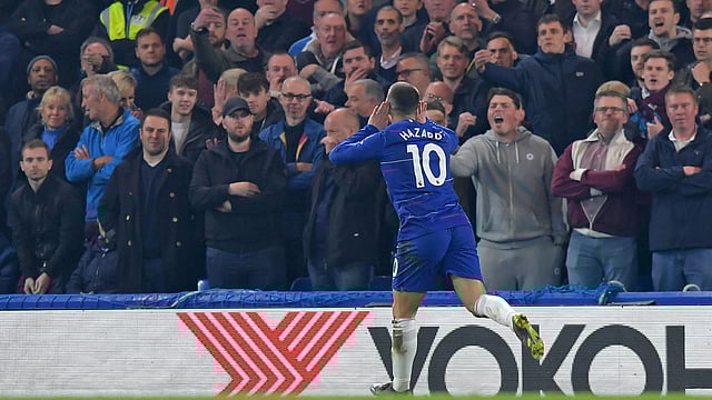 গতকাল হ্যাজার্ড-জাদুতে ওয়েস্ট হাম কে ২-০ গোলে হারিয়েছে চেলসি। ছবি: এএফপি