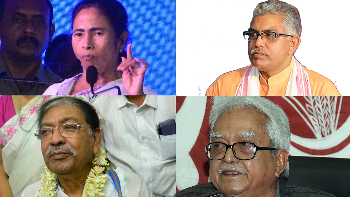 মমতা বন্দ্যোপাধ্যায়, দিলীপ ঘোষ, সোমেন মিত্র, বিমান বসু। ছবি: ভাস্কর মুখার্জি