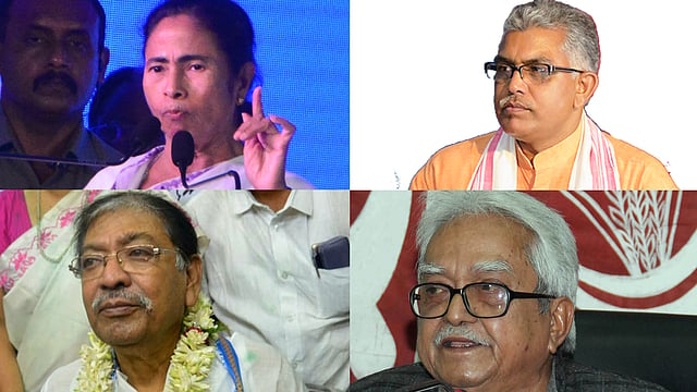 মমতা বন্দ্যোপাধ্যায়, দিলীপ ঘোষ, সোমেন মিত্র, বিমান বসু। ছবি: ভাস্কর মুখার্জি