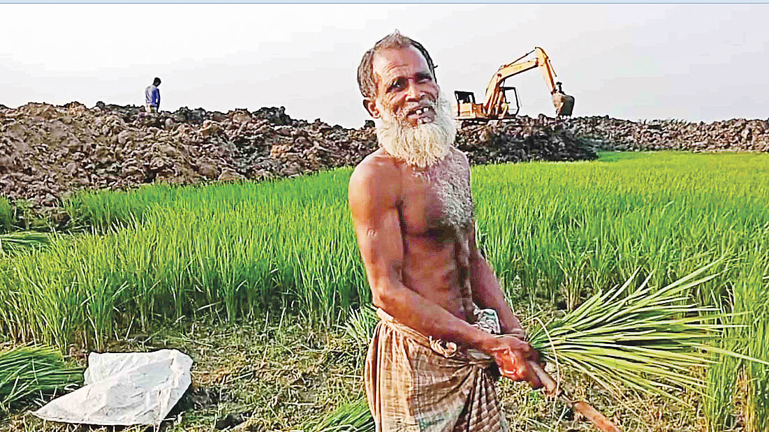বড়াইগ্রামে একদিকে চলছে জমি থেকে ধান কাটা। আরেক দিকে চলছে ইটভাটার জন্য ধানখেত ধ্বংস করে পুকুর কাটা। সম্প্রতি গুড়-মশৈল এলাকায়। প্রথম আলো