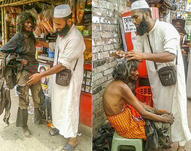 ‘পাগল’ রুহুল আমিনকে সকালে আসাদগেট এলাকায় দেখেন আওলাদ হোসেইন। তারপরই সিদ্ধান্ত নেন তাঁকে পরিষ্কার-পরিচ্ছন্ন করে দেবেন। প্রথমেই নিজ হাতে তাঁর চুল-দাড়ি কামিয়ে দেন।