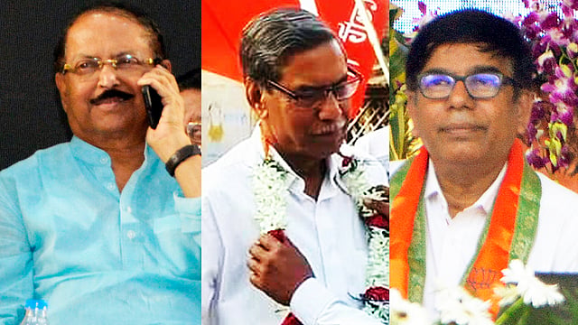 সুব্রত মুখোপাধ্যায়, অমিয় পাত্র ও সুভাষ সরকার। ছবি: ভাস্কর মুখার্জি