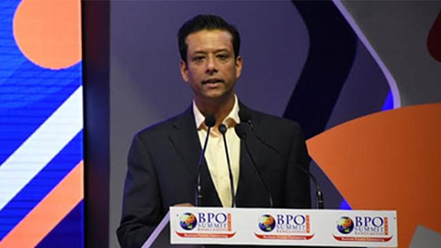 দুই দিনব্যাপী চতুর্থ বিপিও সম্মেলনের উদ্বোধনী অনুষ্ঠানে বক্তব্য রাখছেন প্রধানমন্ত্রী শেখ হাসিনার ছেলে ও তাঁর তথ্যপ্রযুক্তি-বিষয়ক উপদেষ্টা সজীব ওয়াজেদ জয়। ছবি: বাসস