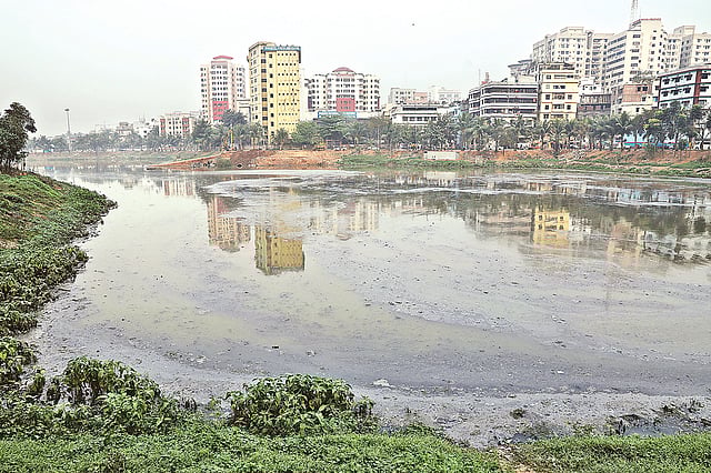 সোনারগাঁও হোটেলের পেছনে হাতিরঝিলে জমে আছে ময়লা–আবর্জনা। পুরো ঝিলের পানি দূষিত হয়ে পড়েছে। সম্প্রতি তোলা ছবি।  দীপু মালাকার