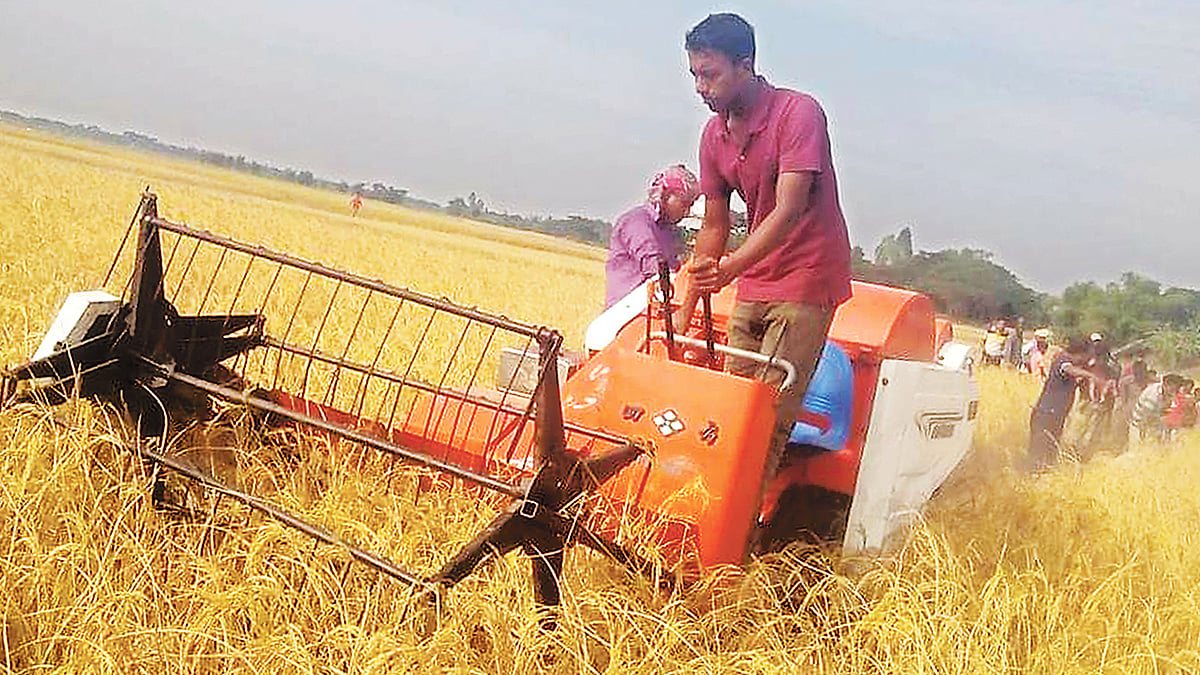 কম্বাইন্ড হারভেস্টর যন্ত্র দিয়ে খেতের ধান কাটা হচ্ছে। গত শনিবার সুনামগঞ্জের জগন্নাথপুর উপজেলার দুলোয়ার হাওরে। ছবি: প্রথম আলো