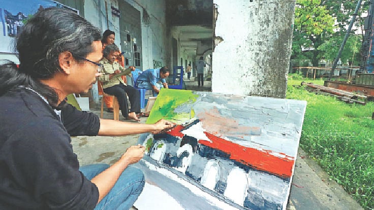 শিল্পীর ক্যানভাসে ফুটে উঠেছে সিলেটের ঐহিত্যবাহী আবুসিনা ছাত্রাবাস। গতকাল ছাত্রাবাস প্রাঙ্গণে আর্ট ক্যাম্পে। প্রথম আলো