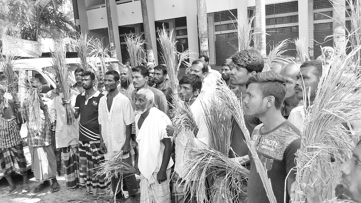 মানিকগঞ্জ সদরে ইটভাটার আগুনে আশপাশের তিনটি গ্রামের বোরো ধানের ক্ষতি হয়েছে। এ ঘটনায় গতকাল দুপুরে জেলা কালেকটরেট ভবনের সামনে প্রতিবাদ সমাবেশ করেন ভুক্তভোগী কৃষকেরা। প্রথম আলো