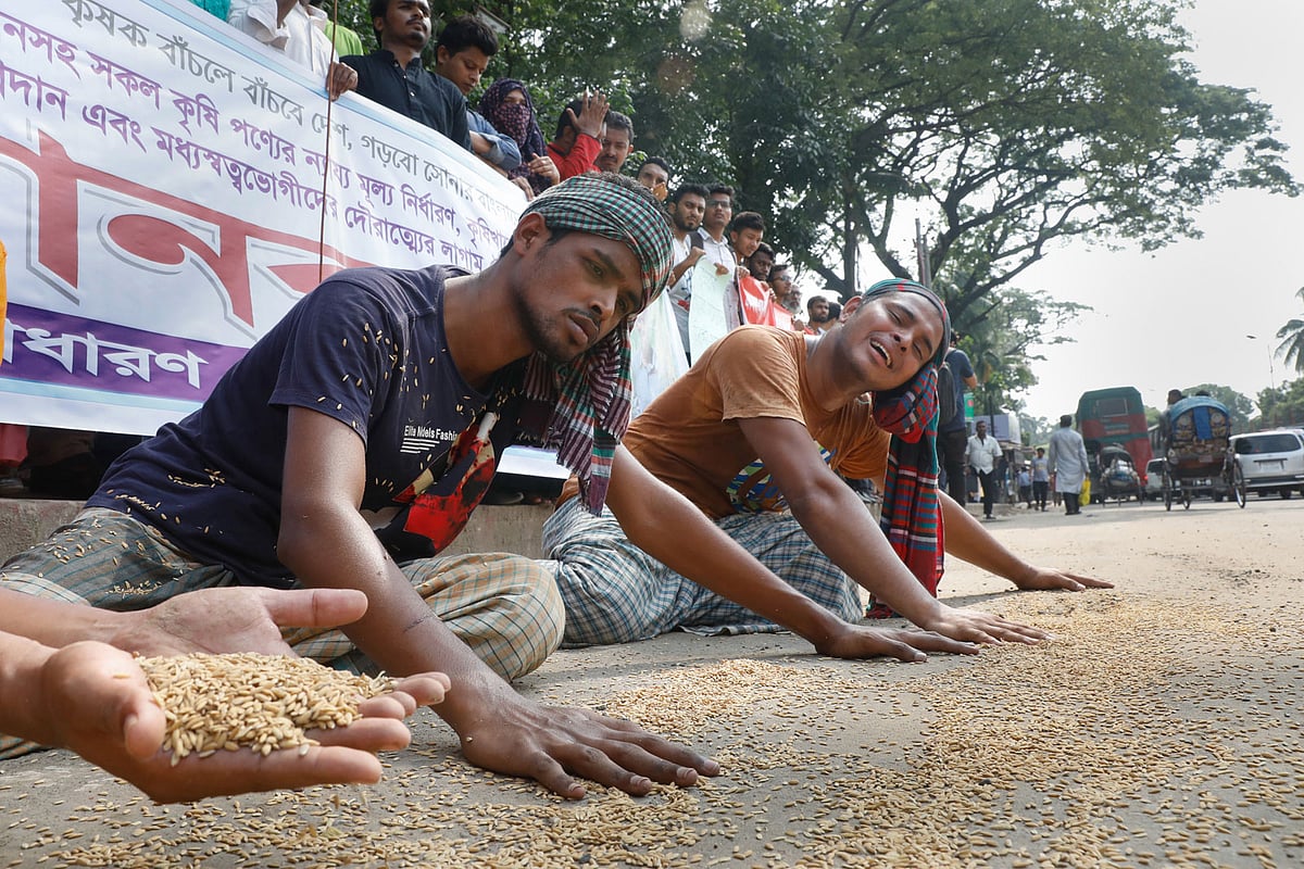 ধানসহ সব কৃষিপণ্যের ন্যায্যমূল্য নির্ধারণের দাবিতে অভিনব প্রতিবাদ বাংলাদেশ সাধারণ ছাত্র অধিকার পরিষদের। জাতীয় প্রেসক্লাবের সামনে, ঢাকা, ১৩ মে। ছবি: আশরাফুল আলম