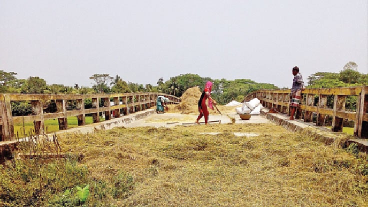 যানবাহন চলাচল নেই। সেতুর ওপর ধান শুকাচ্ছেন এলাকাবাসী।  প্রথম আলো
