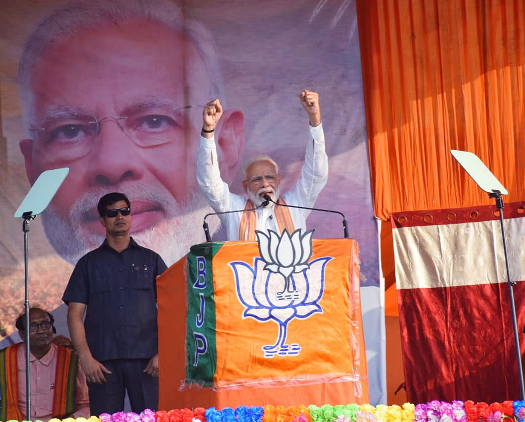 নির্বাচনী প্রচারে ভারতের প্রধানমন্ত্রী নরেন্দ্র মোদি। টাকি, চব্বিশ পরগনা, পশ্চিমবঙ্গ, ১৫ মে। ছবি: ভাস্কর মুখার্জি