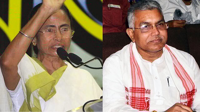 পশ্চিমবঙ্গের মুখ্যমন্ত্রী মমতা বন্দ্যোপাধ্যায়, বিজেপির রাজ্য সভাপতি দিলীপ ঘোষ। ছবি: ভাস্কর মুখার্জি