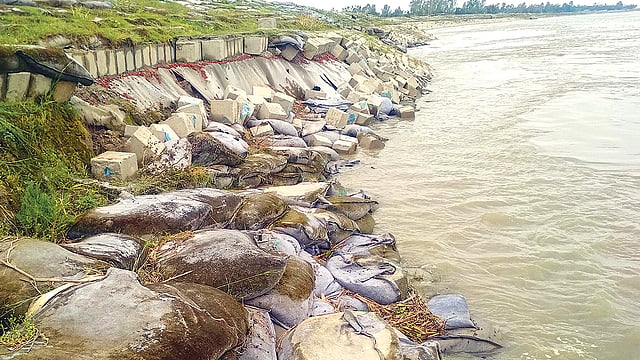 ইসলামপুরে যমুনার ভাঙনে ধসে গেছে বাঁধের কিছু অংশ। এতে ভাঙনের আশঙ্কায় রয়েছে স্থানীয় ব্যক্তিরা। গতকাল সকালে মুরাদাবাদ গ্রামে। ছবি: প্রথম আলো