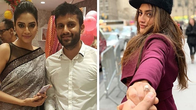 নুসরাত জাহান ও নিখিল জৈন। আর নুসরাত জাহানের অনামিকায় বাগদানের আংটি