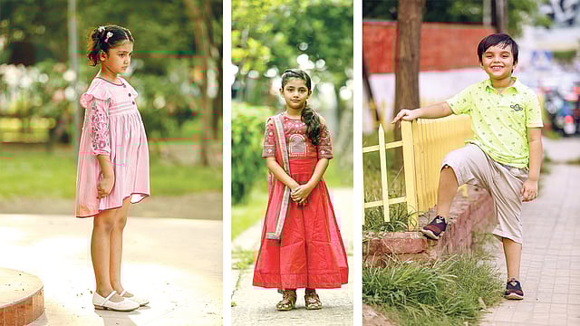 শিশুদের জন্য খাটো–লম্বা দুধরনের পোশাকই চলছে এবার। ছেলেদের থ্রিকোয়ার্টার প্যান্টও চলছে।
