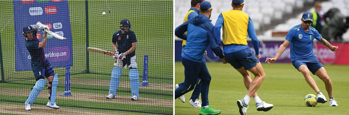 বিশ্বকাপের উদ্বোধনী দিনে মাঠে নামার আগে অনুশীলনে ইংল্যান্ড ও দক্ষিণ আফ্রিকা দল। ছবি: এএফপি