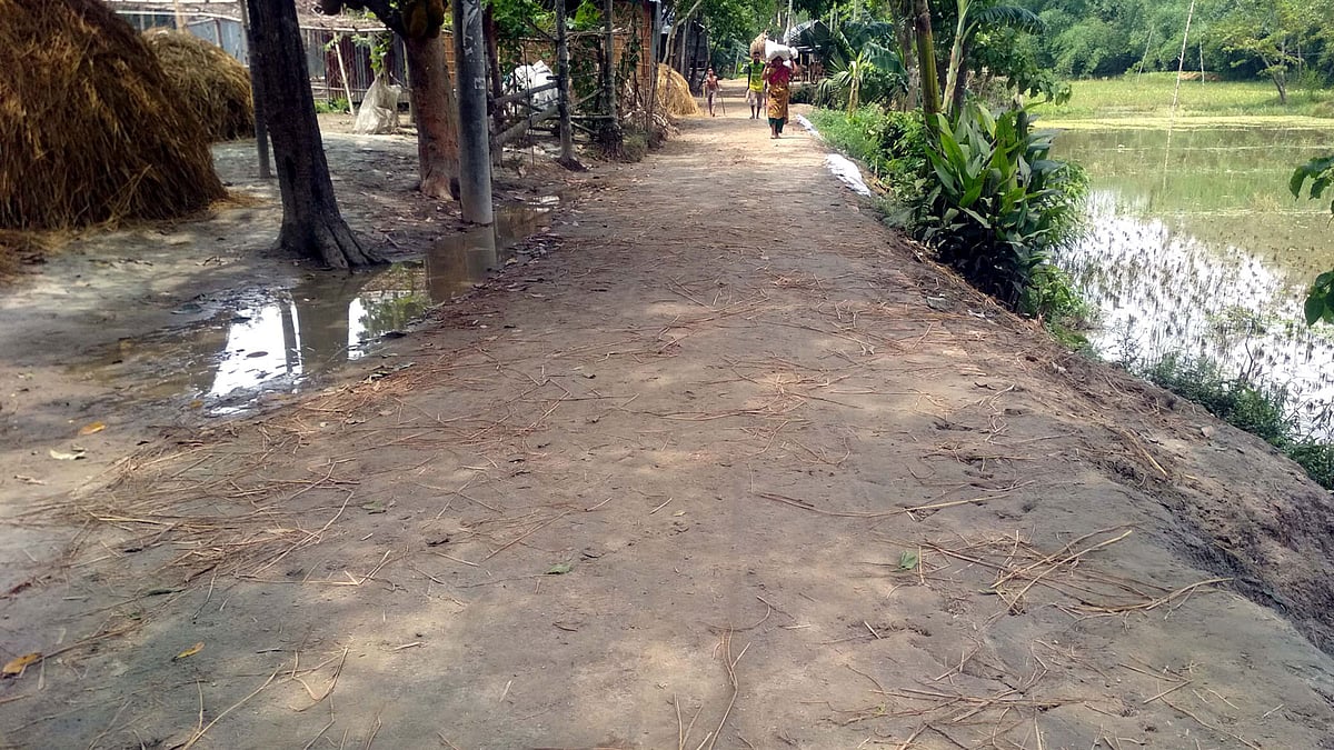 এটি একটি পাকা রাস্তা ছিল। পাকা রাস্তায় মাটি কাটার প্রকল্প দেখানো হয়েছে। ছবিটি জামালপুরের মেলান্দহ উপজেলার। ছবি: প্রথম আলো