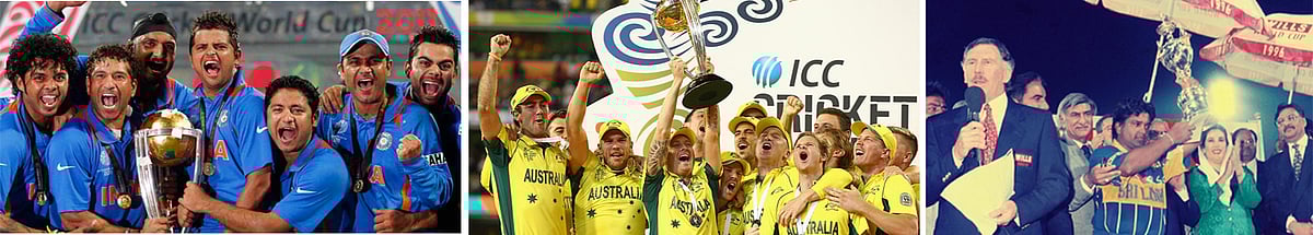 ২০১১ বিশ্বকাপ হাতে ভারতীয় দল। ২০১৫ বিশ্বকাপ হাতে অস্ট্রেলিয়া দল। ১৯৯৬ সালে অন্যতম আয়োজক হিসেবে বিশ্বকাপ জিতেছিল শ্রীলঙ্কাও। ফাইল ছবি