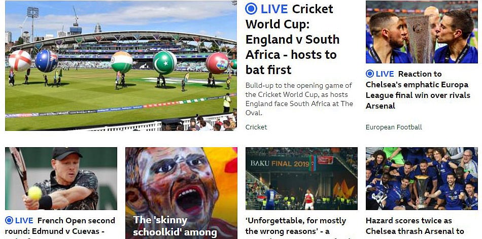 ইংল্যান্ড-দক্ষিণ আফ্রিকা ম্যাচ চলাকালীন বিবিসি স্পোর্টস পেজের প্রচ্ছদ। ছবি: সংগৃহীত