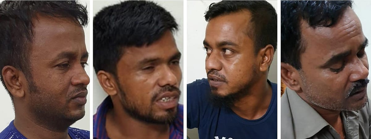 নবাবগঞ্জের জোড়া খুনে গ্রেপ্তার চার আসামি। বাঁ থেকে সাইফুল ইসলাম, শেখ নাসির, নুর ইসলাম ও বাবুল গাজী। ছবি: সংগৃহীত