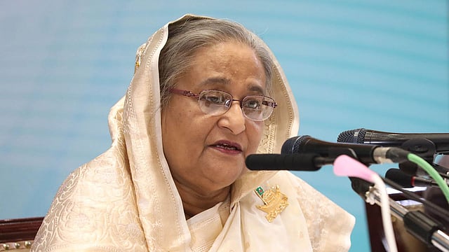 প্রধানমন্ত্রী শেখ হাসিনা বাজেট পরবর্তী সংবাদ সম্মেলনে বক্তব্য দেন। ঢাকা, ১৪ জুন। ছবি: ফোকাস বাংলা
