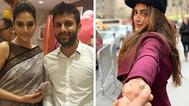 নুসরাত জাহান ও নিখিল জৈন। নুসরাত জাহানের অনামিকায় বাগদানের আংটি