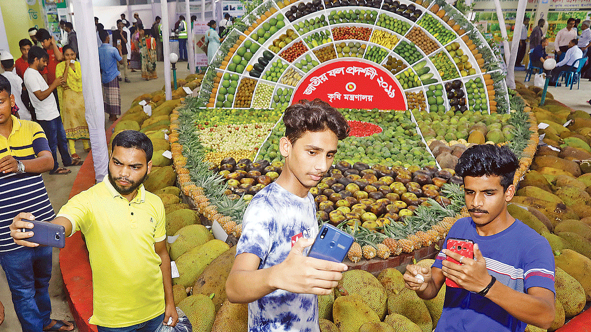 খামারবাড়িতে জাতীয় ফল প্রদর্শনীতে মৌসুমি ফলের সঙ্গে সেলফি তুলছেন দর্শকেরা।
