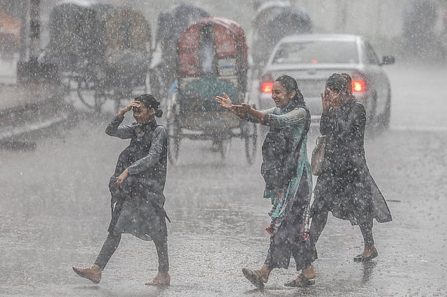 প্রচণ্ড গরমের পর বৃষ্টিতে স্বস্তি। ঢাকা বিশ্ববিদ্যালয় এলাকা, ঢাকা, ২০ জুন। ছবি: দীপু মালাকার