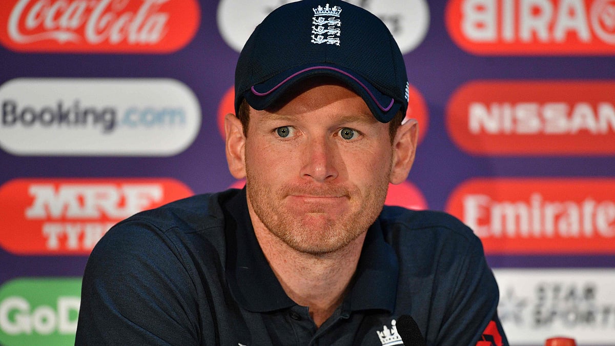 ম্যাচ পূর্ব সংবাদ সম্মেলনে ইংলিশ অধিনায়ক এউইন মরগান। ছবি: এএফপি