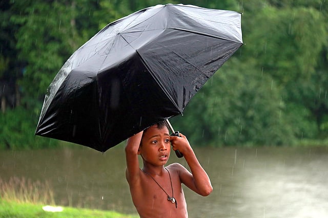 বৃষ্টিতে ছাতা মাথায় শিশু।
