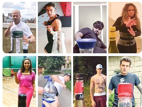 শুরুটা হয়তো কাজাখস্তানের তায়াকোন্ডো গুরু ফারাবি ডেভলেটচিনের, তবে জনপ্রিয় করেছেন হলিউড তারকা জ্যাসন স্টেথাম। এরপর সাধারণ মানুষের পাশাপাশি অনেক তারকাই অংশ নিয়েছেন বটল ক্যাপ চ্যালেঞ্জে। ছবিতে (ওপরে বাঁ থেকে ডানে) জ্যাসন স্টেথাম, অক্ষয় কুমার, খিজির হায়াত, মারিয়া ক্যারি, (নিচে বাঁ থেকে ডানে) পরিণীতি চোপড়া, ফারাবি ডেভলেটচিন, জাস্টিন িববার ও জন মায়ার। ছবি: স্ক্রিনশট