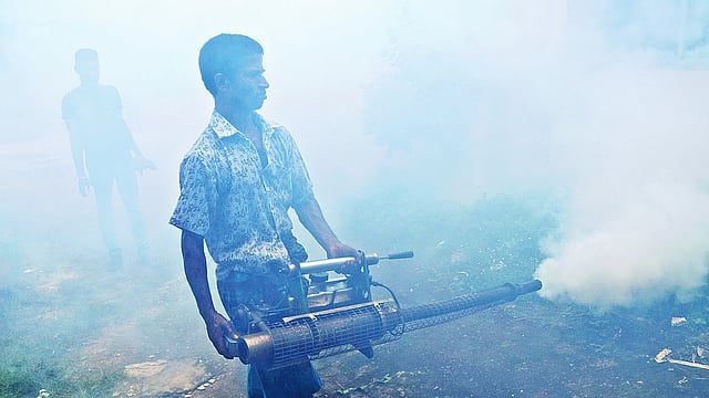 বগুড়ায় ডেঙ্গু জ্বরে আক্রান্ত রোগীর সংখ্যা বাড়ছে। তাই মশা নিধনের জন্য ওষুধ দিচ্ছেন বগুড়া পৌরসভার এক কর্মী। গতকাল সকালে বগুড়া শহরের সিভিল সার্জন কার্যালয়ে।  ছবি: প্রথম আলো