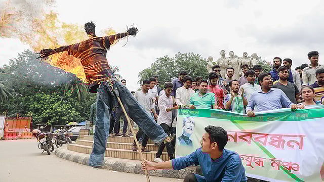 মশকনিধনে ব্যর্থ হওয়ায় স্বাস্থ্য ও পরিবারকল্যাণমন্ত্রী এবং ঢাকা সিটির দুই মেয়রের কুশপুত্তলিকা দাহ করা হচ্ছে