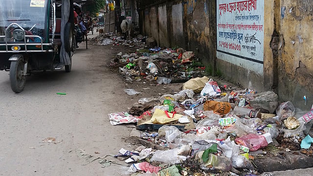 ময়লার স্তূপে মশা নিধনের ওষুধ ছিটানো হচ্ছে। উকিলপাড়া, কিশোরগঞ্জ, ৩ আগস্ট। ছবি: তাফসিলুল আজিজ