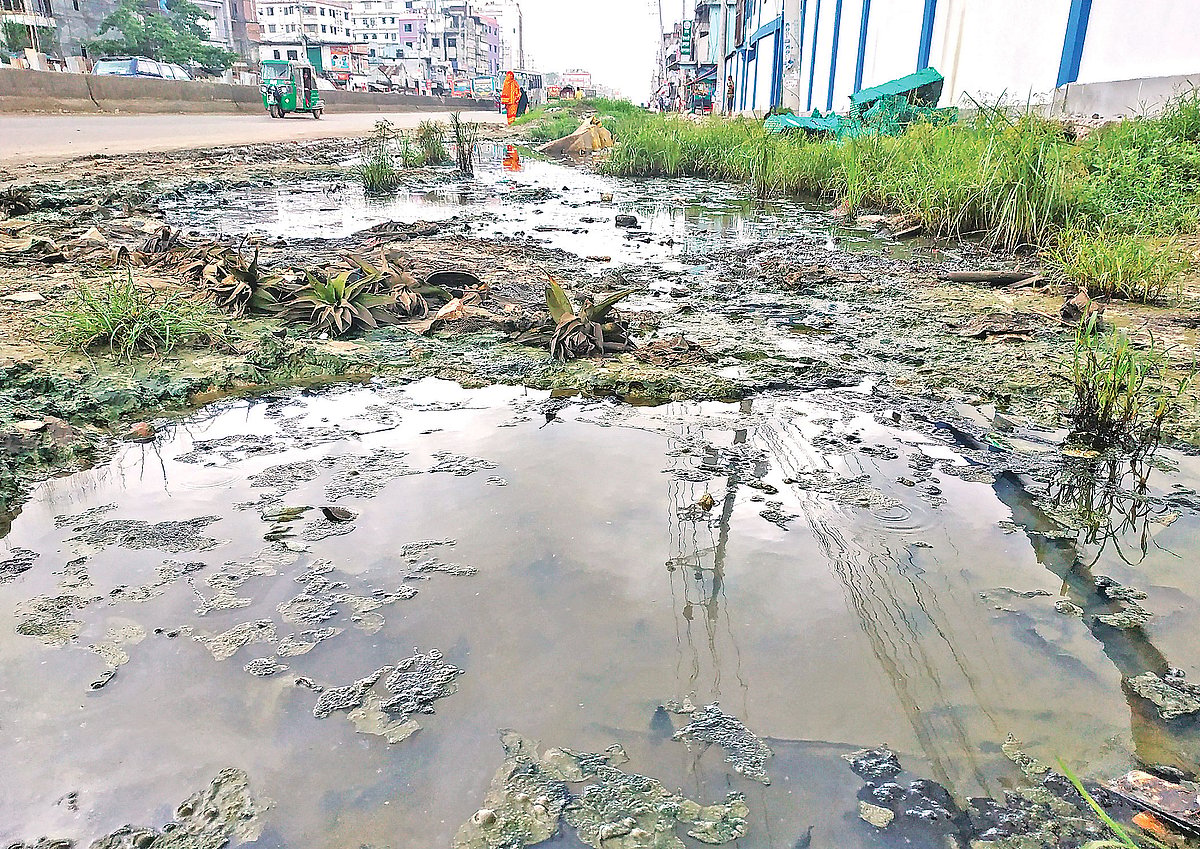 গাজীপুর নগরের কুনিয়া এলাকায় ঢাকা-ময়মনসিংহ মহাসড়কের পাশে জমে আছে পানি। শনিবার সকালে তোলা। ছবি: আল-আমিন