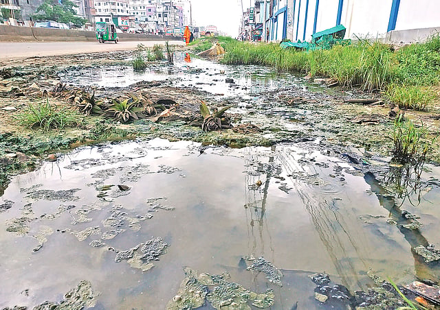 গাজীপুর নগরের কুনিয়া এলাকায় ঢাকা-ময়মনসিংহ মহাসড়কের পাশে জমে আছে পানি। শনিবার সকালে তোলা।  ছবি: আল-আমিন