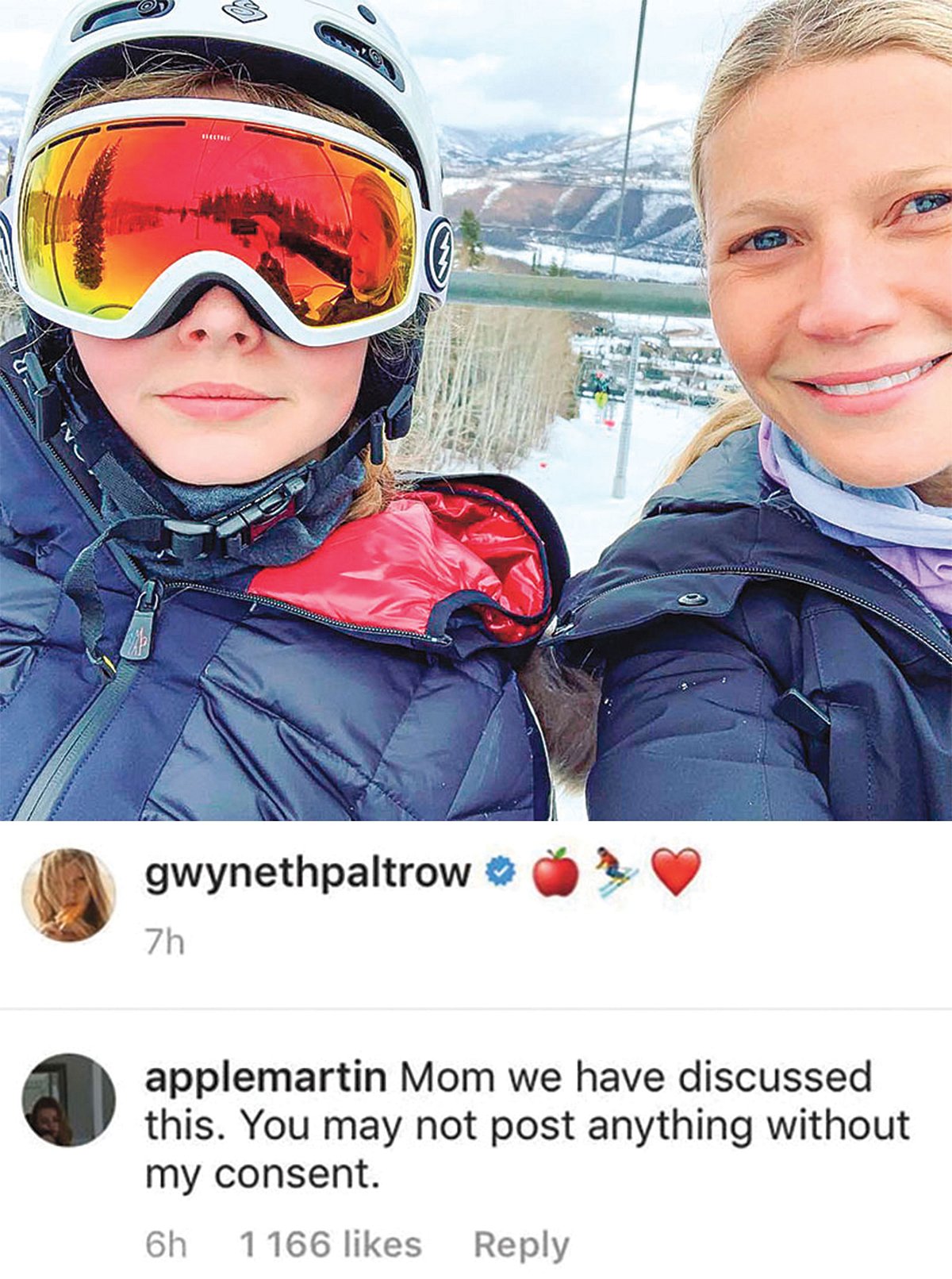 ইনস্টাগ্রামে মেয়ে অ্যাপল মার্টিনের সঙ্গে মার্কিন অভিনেত্রী গিনেথ প্যালট্রোর েসই ছবি (ওপরে), যেটিতে আপত্তি জানিয়ে মন্তব্য করেছিল তাঁর মেয়ে