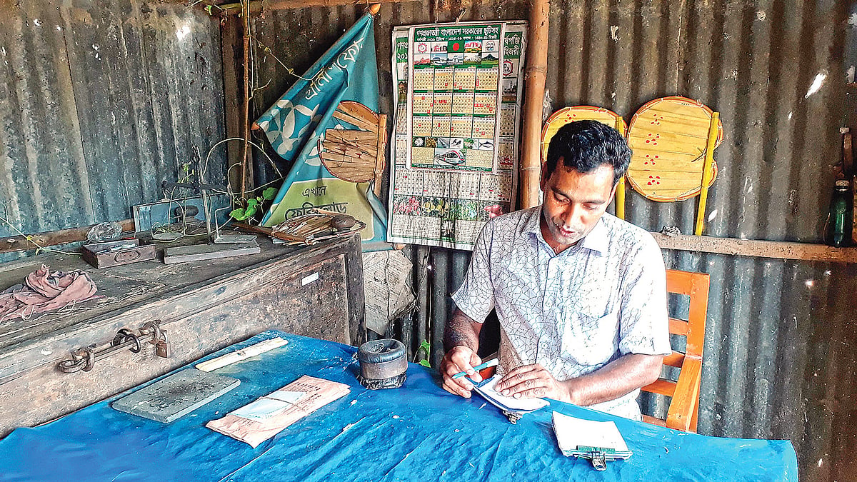 জীর্ণ ঘরে চলছে পোস্ট অফিসের কার্যক্রম। গতকাল সিরাজগঞ্জের রায়গঞ্জ উপজেলার সোনাখাড়া ইউনিয়নের নিমগাছি বাজারে। ছবি: সাজেদুল আলম