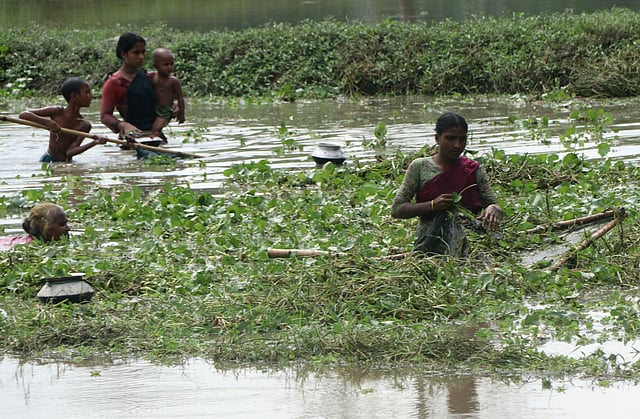 কোলের শিশুকে নিয়ে মাছ ধরতে গেছেন এক মা।
