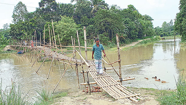 ধামরাইয়ের কাকরান গ্রামে বাঁশের সাঁকো। সম্প্রতি তোলা।  ছবি: প্রথম আলো