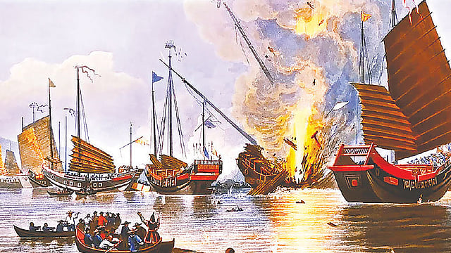 চীন আর ব্রিটেনের মধ্যে সংঘটিত আফিম যুদ্ধের একটি চিত্র