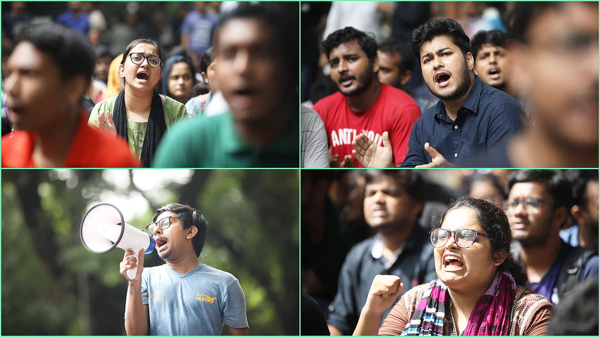শহীদ মিনারের সামনে কর্মসূচি ঘোষণার পর ক্যাম্পাসে মিছিল করেন শিক্ষার্থীরা। ছবি: আবদুস সালাম