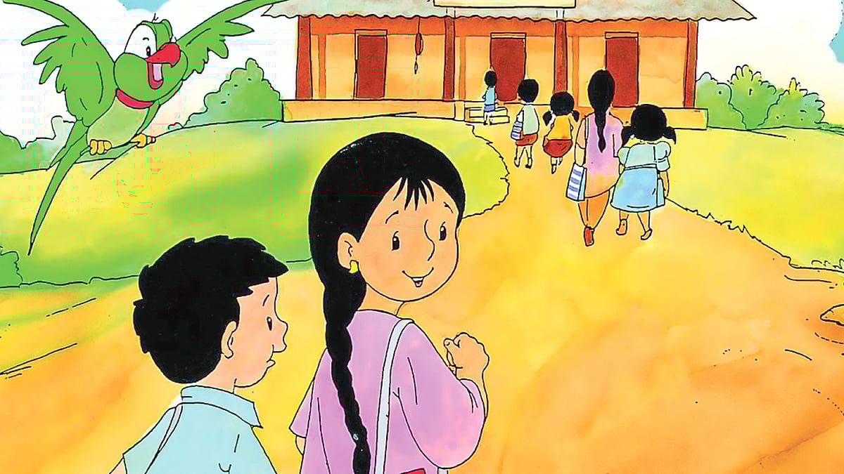 মীনা, রাজু, মিঠু—মীনা কার্টুনের একটি দৃশ্যে