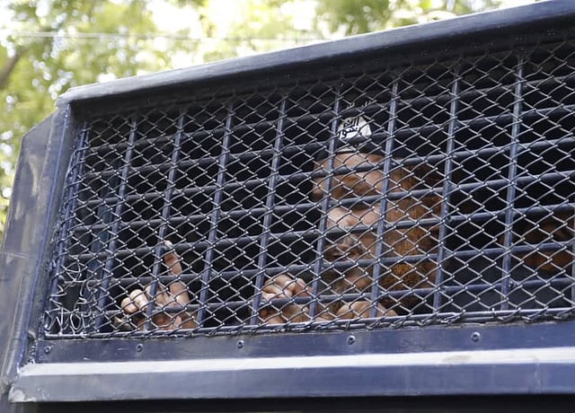 রায় ঘোষণার পর আইএসের প্রতীক সম্বলিত টুপি পরা প্রিজন ভ্যানে আরেক জঙ্গি জাহাঙ্গীর আলম ওরফে রাজীব গান্ধী । ছবি: দীপু মালাকার