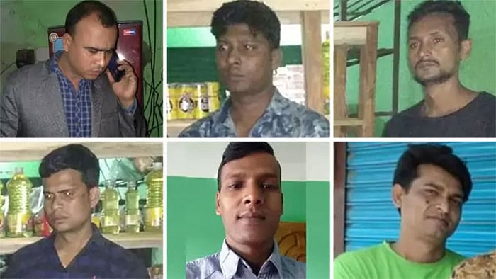 গ্রেপ্তার এএসআই রিয়াজুল, গ্রেপ্তার কনস্টেবল গোপাল সাহা, গ্রেপ্তার কনস্টেবল রাসেলুজ্জামান, গ্রেপ্তার পুলিশের সোর্স হাসান মিয়া, পলাতক কনস্টেবল আবদুল হালিম, পলাতক কনস্টেবল তোজাম্মেল হক। ছবির সত্যতা নিশ্চিত করেছে সখীপুর থানা-পুলিশ