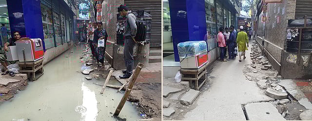 প্রথম ছবিটি মগবাজার এলাকার বেসরকারি আদ্ দ্বীন হাসপাতাল ও কলেজের গলির জলাবদ্ধতার। ছবিটি ১২ নভেম্বর প্রকাশ হয় নাগরিক সংবাদে। এই ছবি প্রকাশের পরই ১৪ নভেম্বর ওই সড়কের এ চিত্র দেখা গেল। ছবি: লেখক