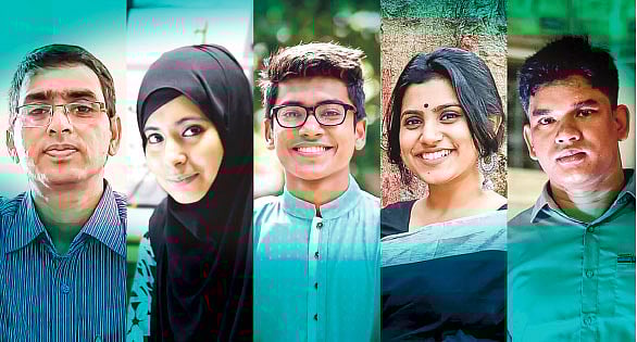 একই প্রতিষ্ঠানের শিক্ষার্থী থেকে শিক্ষক হয়েছেন: বাঁ থেকে সরকারি মুরারিচাঁদ কলেজের দিলীপ চন্দ্র রায়, আইইউবির শায়লা ইসরাত, বুয়েটের বায়েজীদ বাতেন, ভিকারুননিসা নূন স্কুল অ্যান্ড কলেজের সৈয়দা নাদিয়া আফরিন এবং এম আবদুর রহিম মেডিকেল কলেজের নরদেব রায়