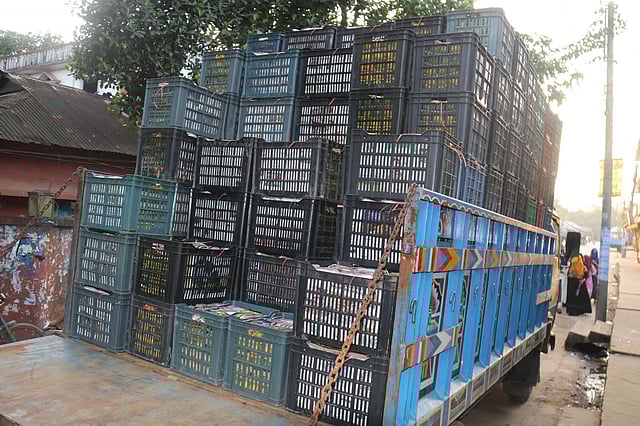 গাড়িতে তোলা হয়েছে খাঁচি ভরা কমলা। যাবে দেশের বিভিন্ন অঞ্চলে।