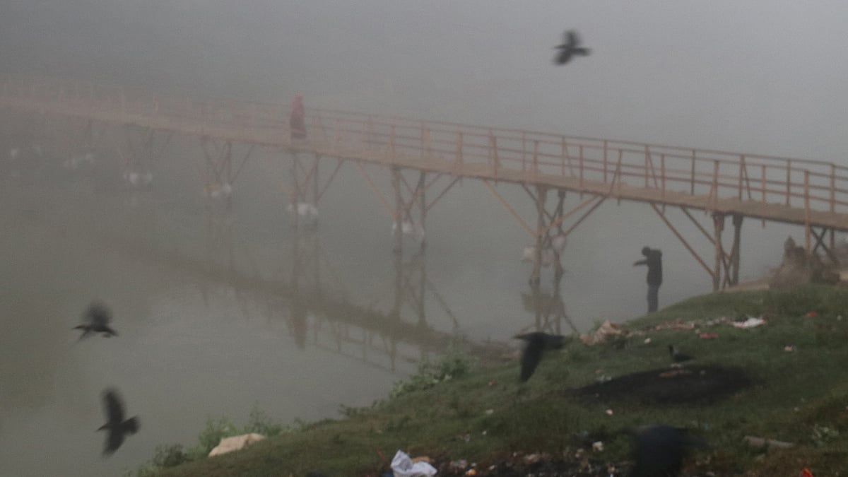 ঘন কুয়াশায় সাঁকো পার হচ্ছেন পথিক। পাখিরা বেরিয়েছে খাবারের খোঁজে