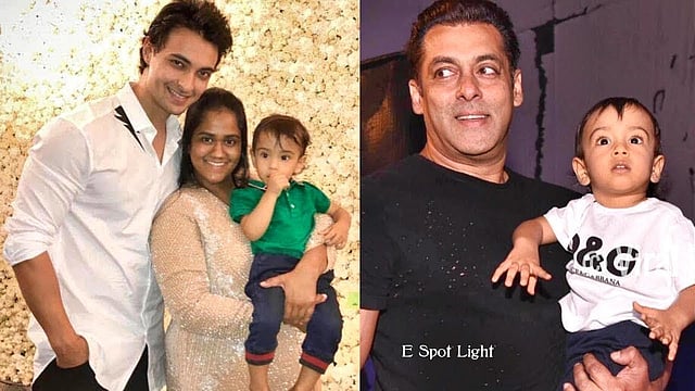 প্রথম সন্তান আহিলের সঙ্গে আয়ুশ শর্মা ও অর্পিতা খান শর্মা। ডানের ছবিতে ‘মামুজান’ সালমান খান। ছবি: ইউটিউব থেকে নেওয়া